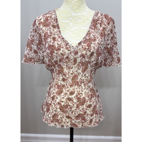 Y2K Babydoll Cami Large Top Pink Floral Fairy Coquette Romantic Sheer V Neck - Picture 1 of 11